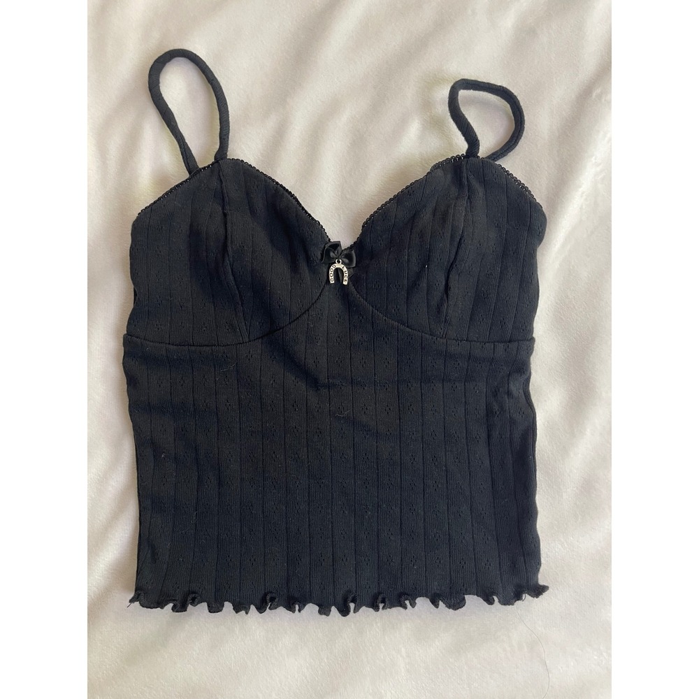 Full Tilt Black Pointelle Knit Camisole‎ Horseshoe Charm Lettuce Hem Top XS